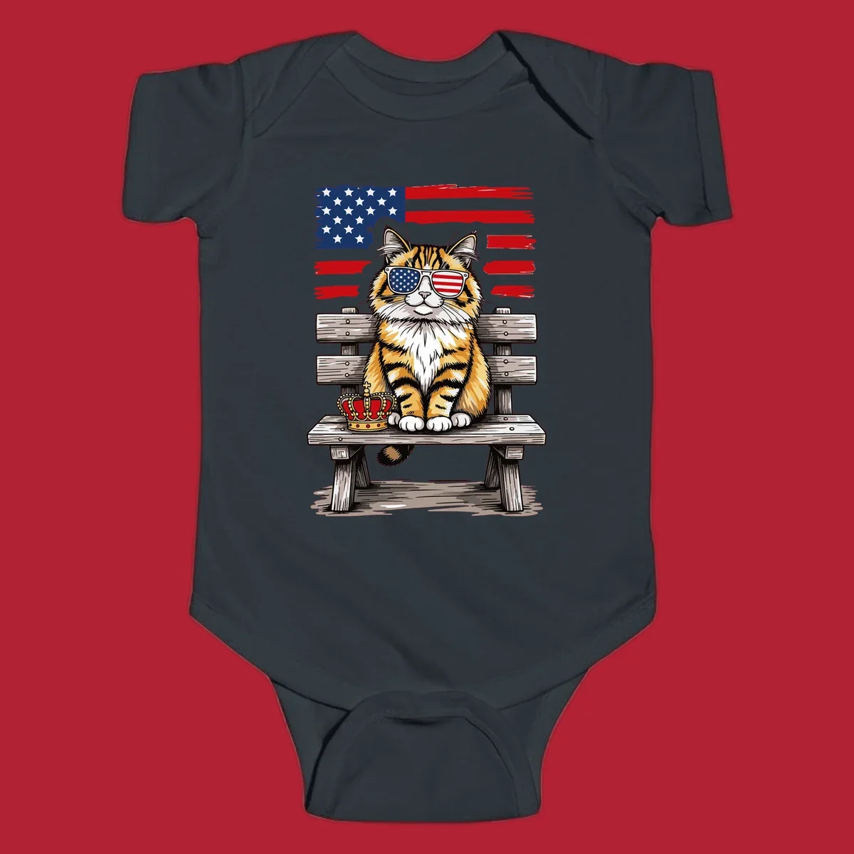 An illustrated patriotic cat wearing American flag sunglasses sits on a bench with a crown and flag in the background.