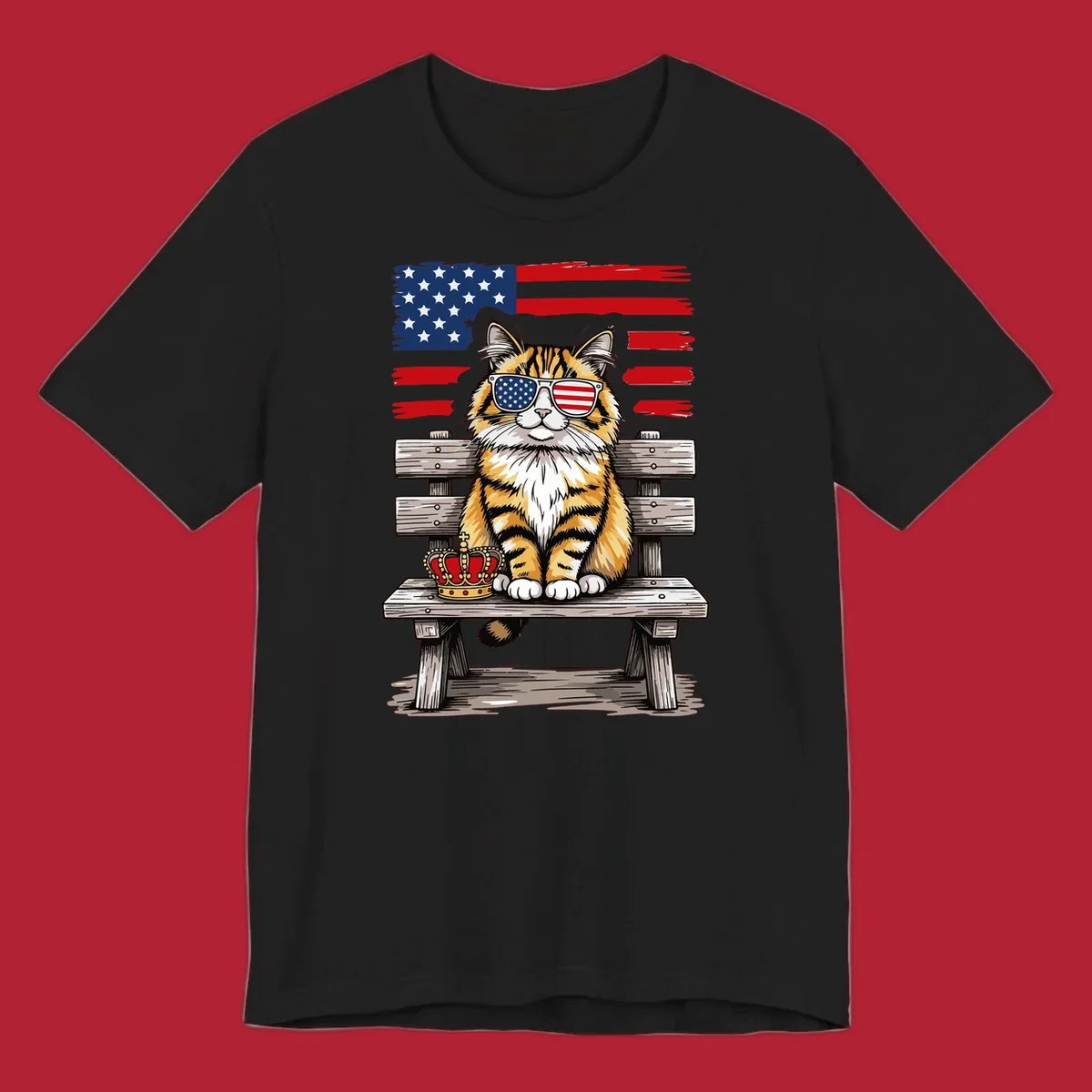 An illustrated patriotic cat wearing American flag sunglasses sits on a bench with a crown and flag in the background.