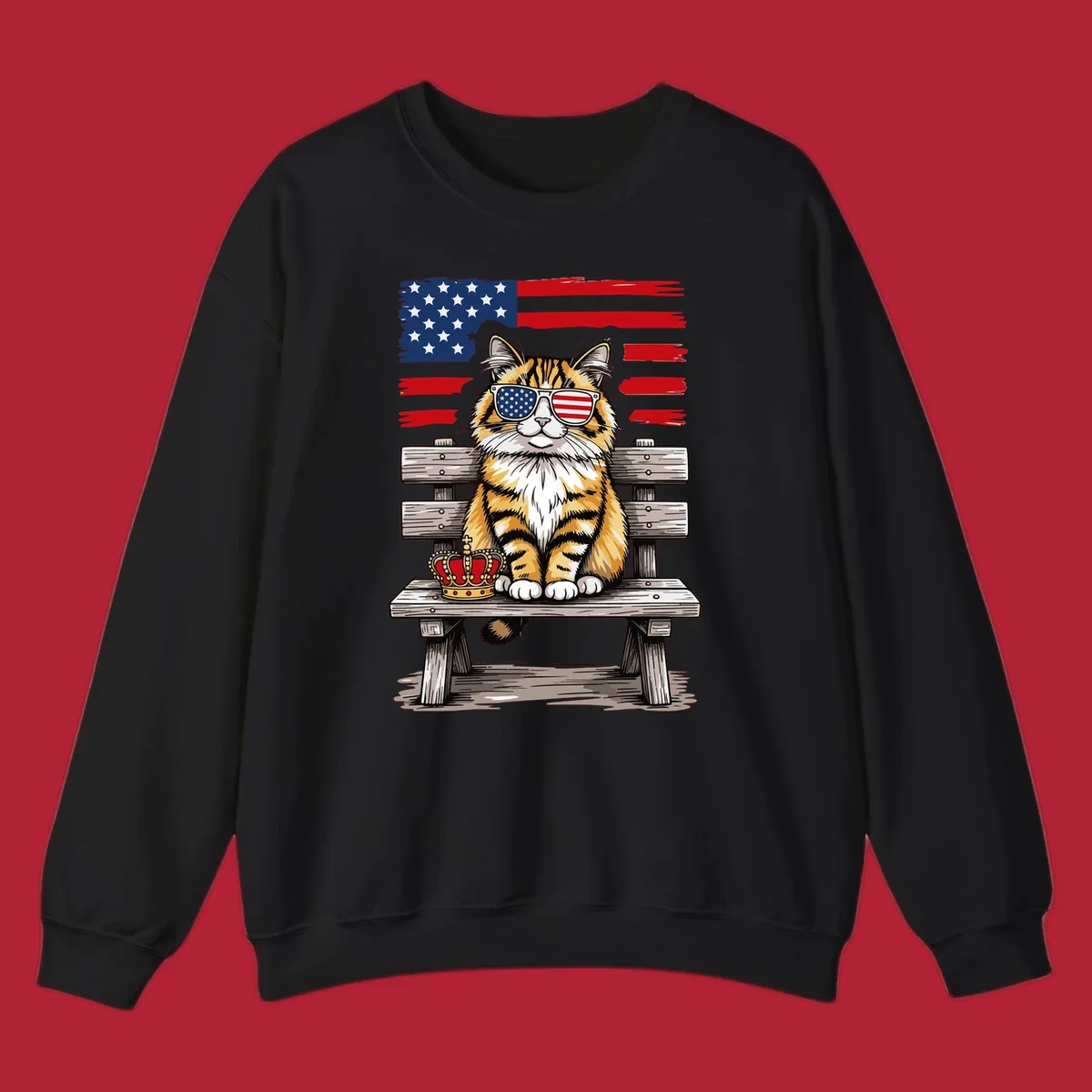 An illustrated patriotic cat wearing American flag sunglasses sits on a bench with a crown and flag in the background.
