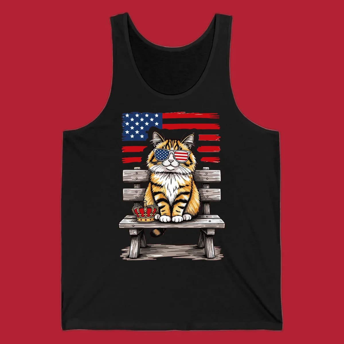 An illustrated patriotic cat wearing American flag sunglasses sits on a bench with a crown and flag in the background.