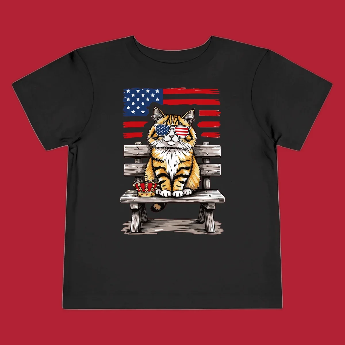 An illustrated patriotic cat wearing American flag sunglasses sits on a bench with a crown and flag in the background.