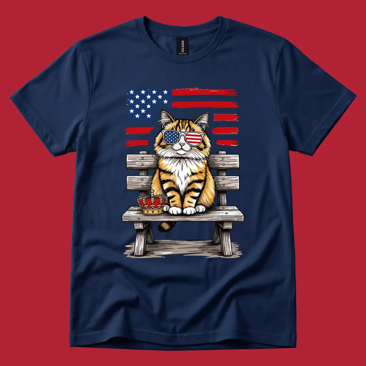 An illustrated patriotic cat wearing American flag sunglasses sits on a bench with a crown and flag in the background.
