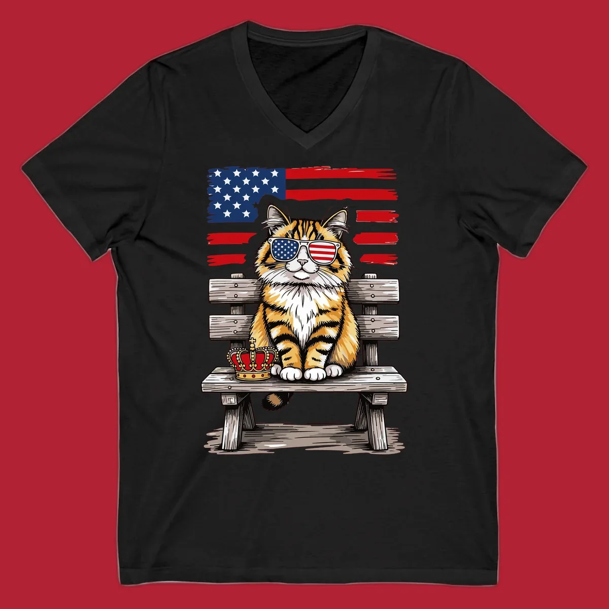 An illustrated patriotic cat wearing American flag sunglasses sits on a bench with a crown and flag in the background.