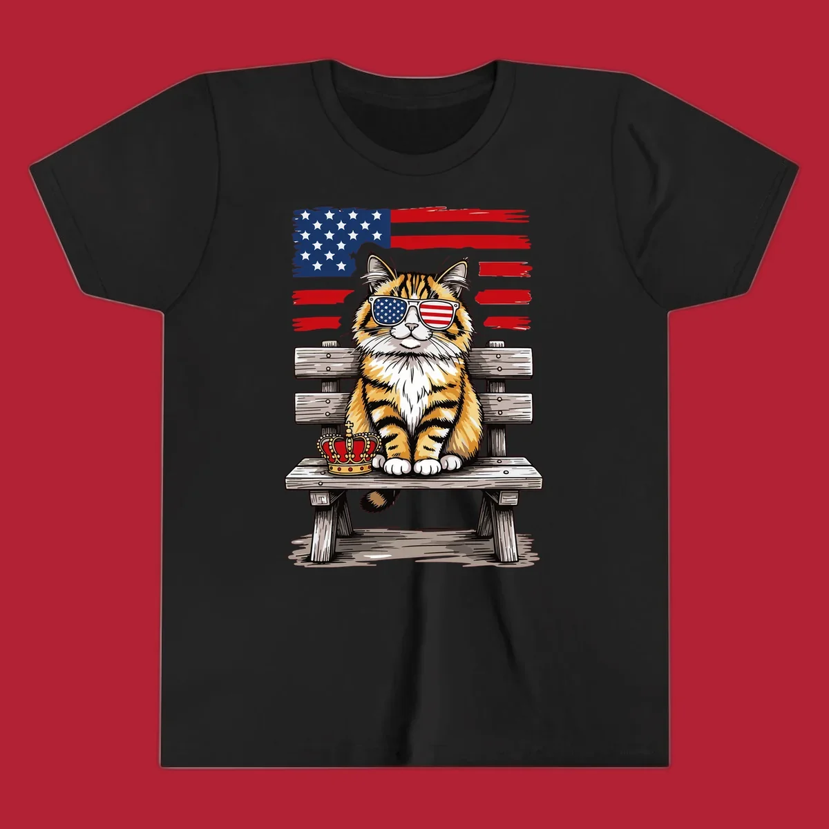 An illustrated patriotic cat wearing American flag sunglasses sits on a bench with a crown and flag in the background.