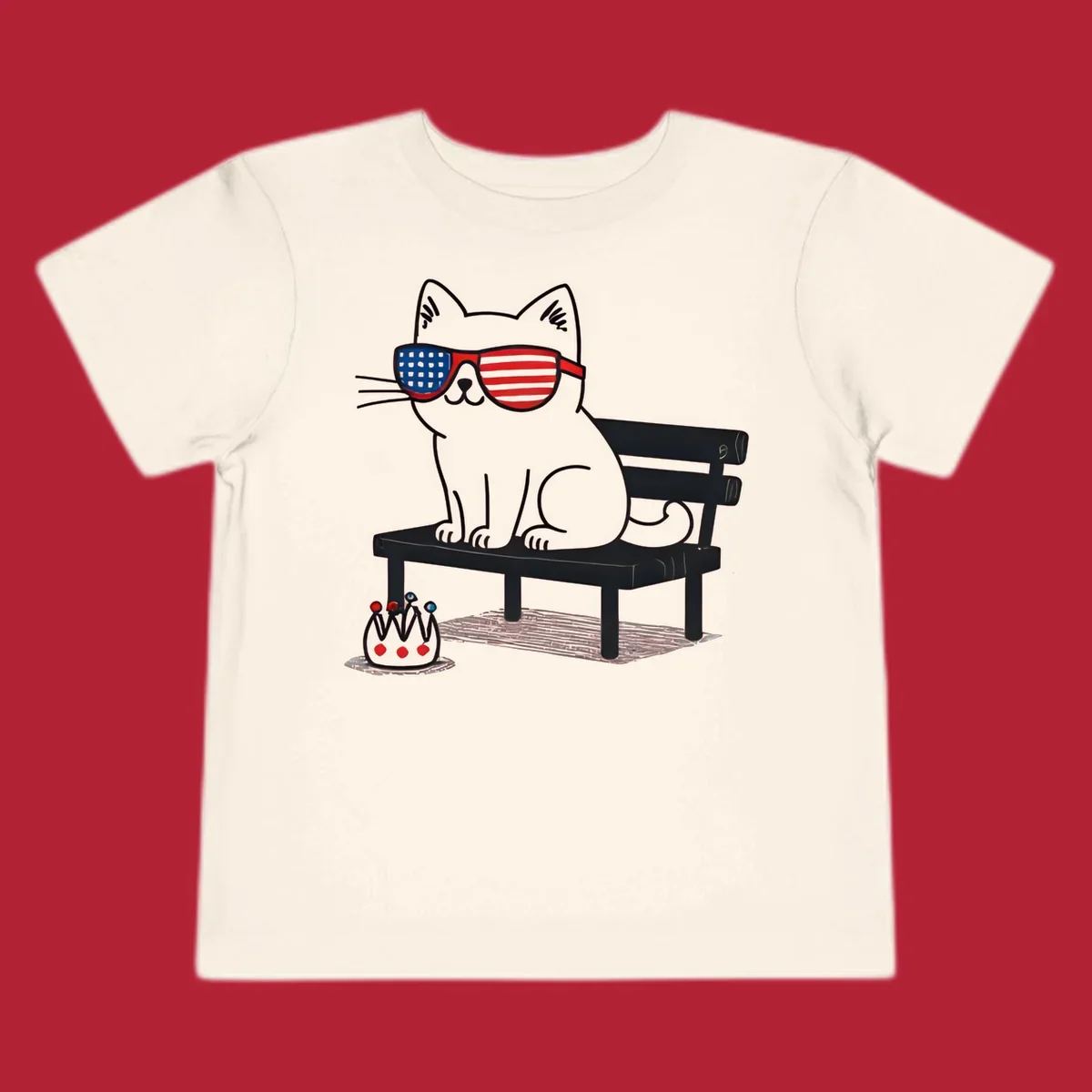 A black cat with American flag sunglasses sits on a bench, next to a small patriotic crown. Features a patriotic-cat-sunglasses concept.