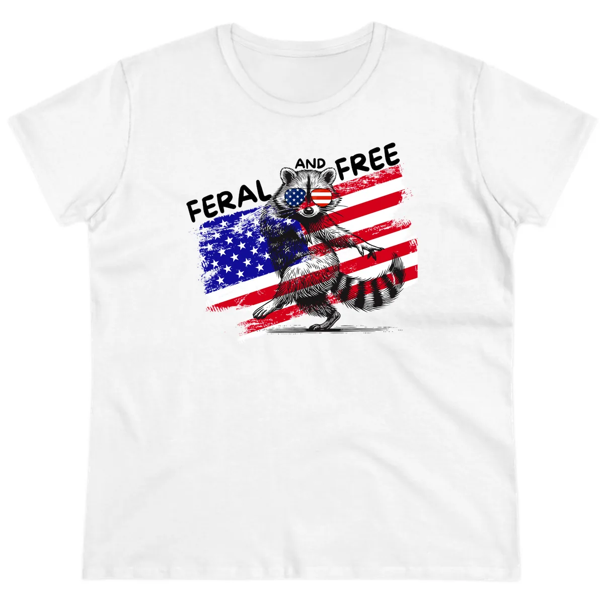 Feral And Free Raccoon American Flag Ladies Tee in White