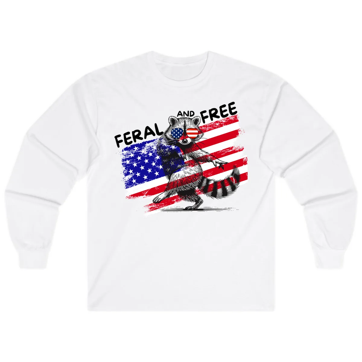 Feral And Free Raccoon American Flag Long Sleeve in White