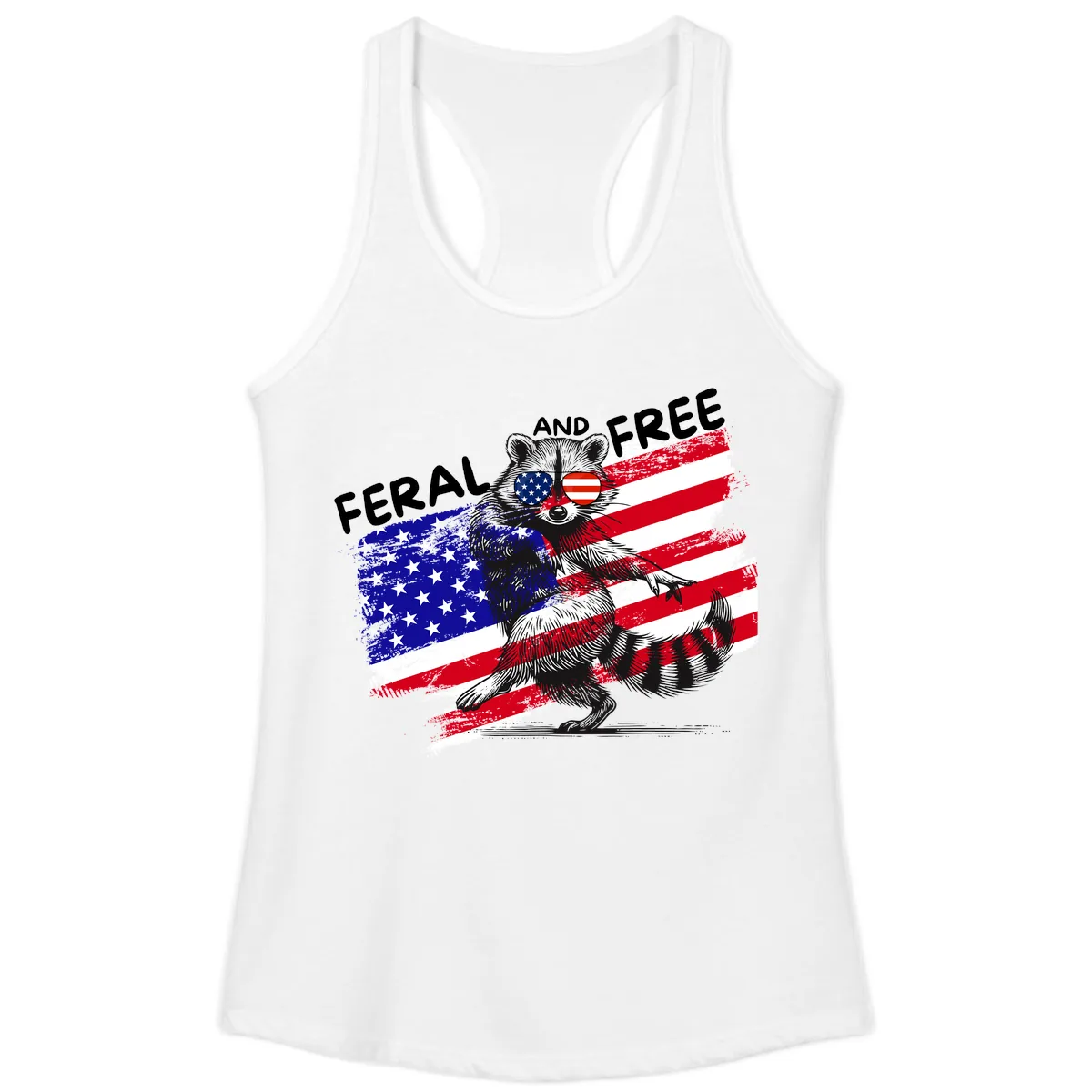 Feral And Free Raccoon American Flag Ladies Tank in White