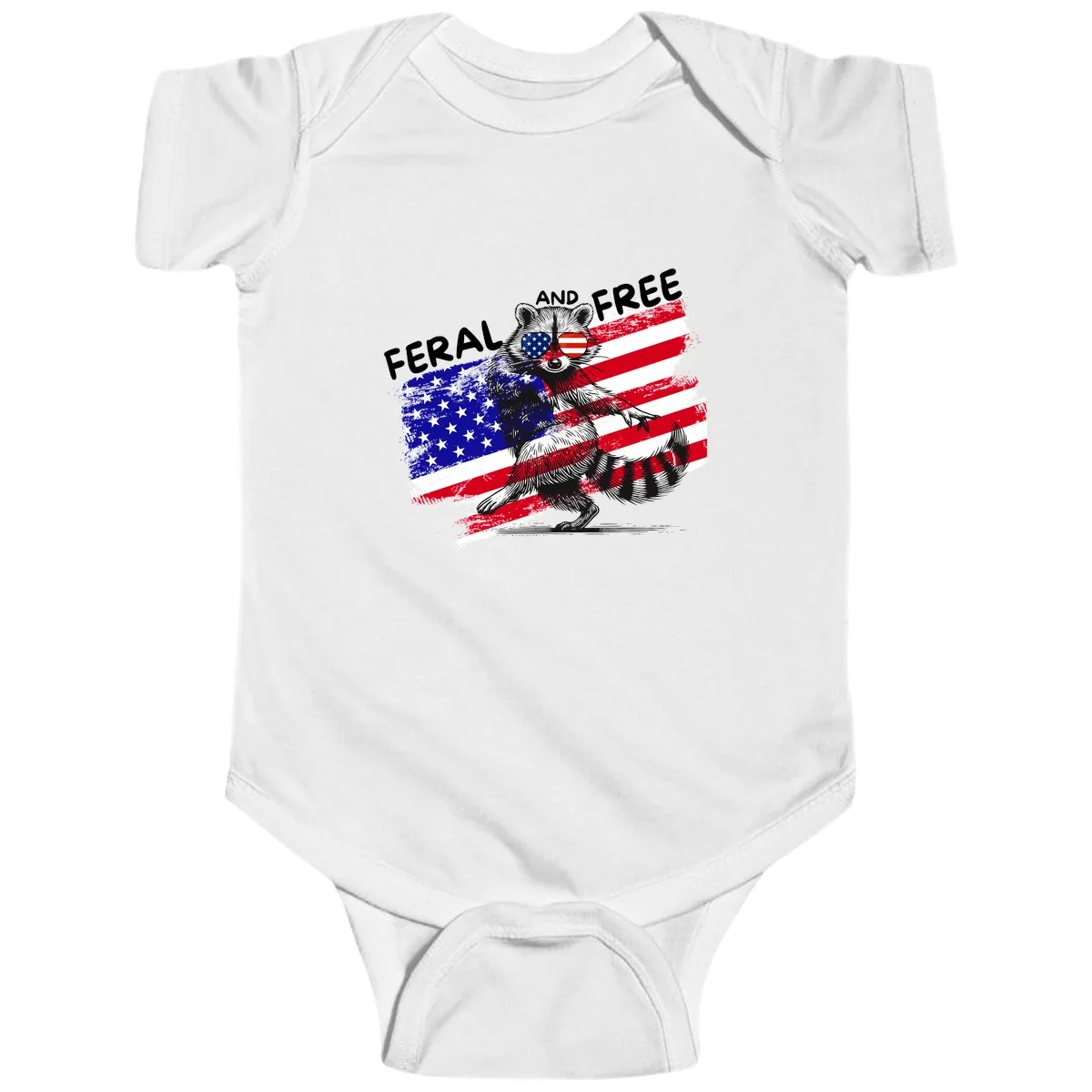 Feral And Free Raccoon American Flag Baby Onesie in White