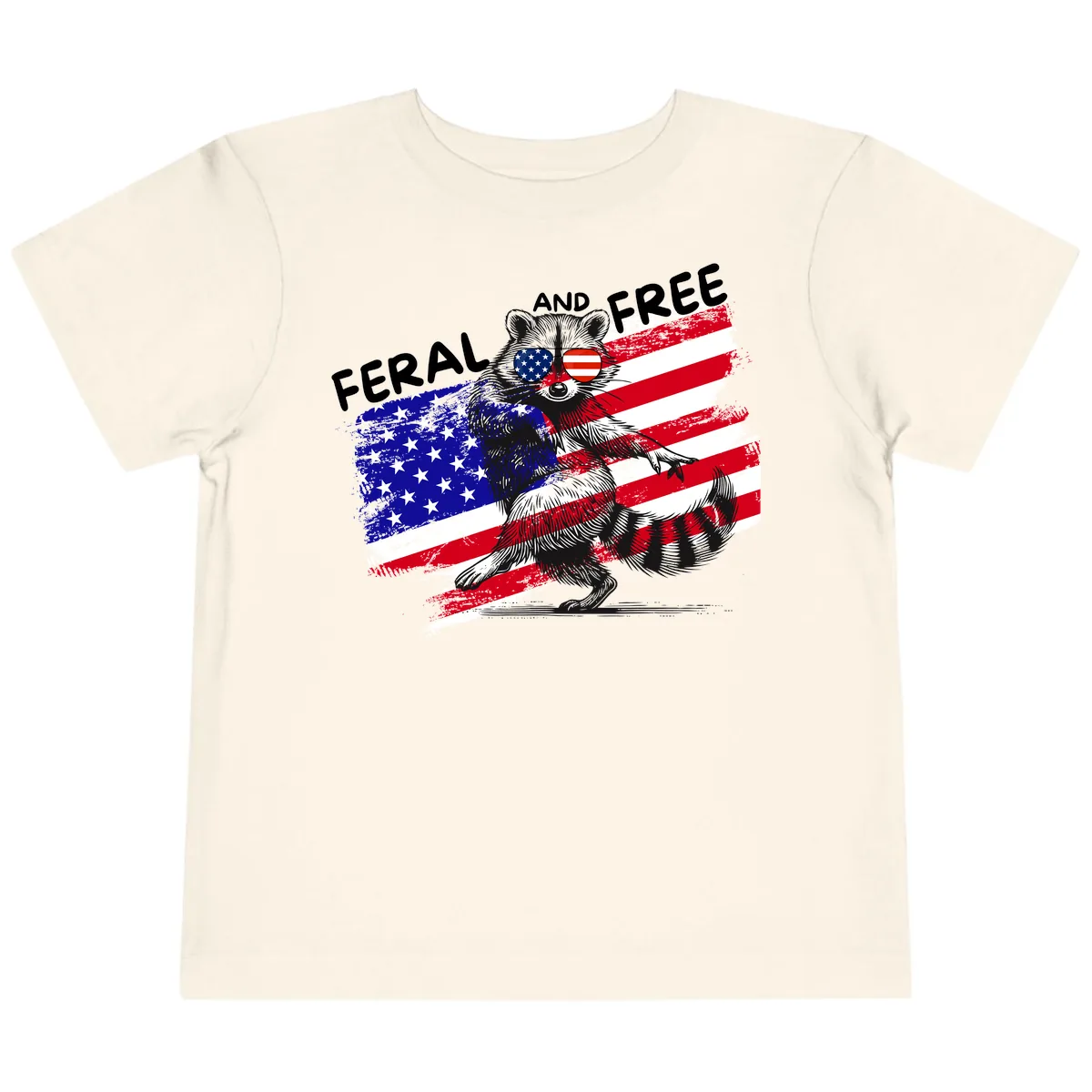 Feral And Free Raccoon American Flag Toddler T-Shirt in Natural
