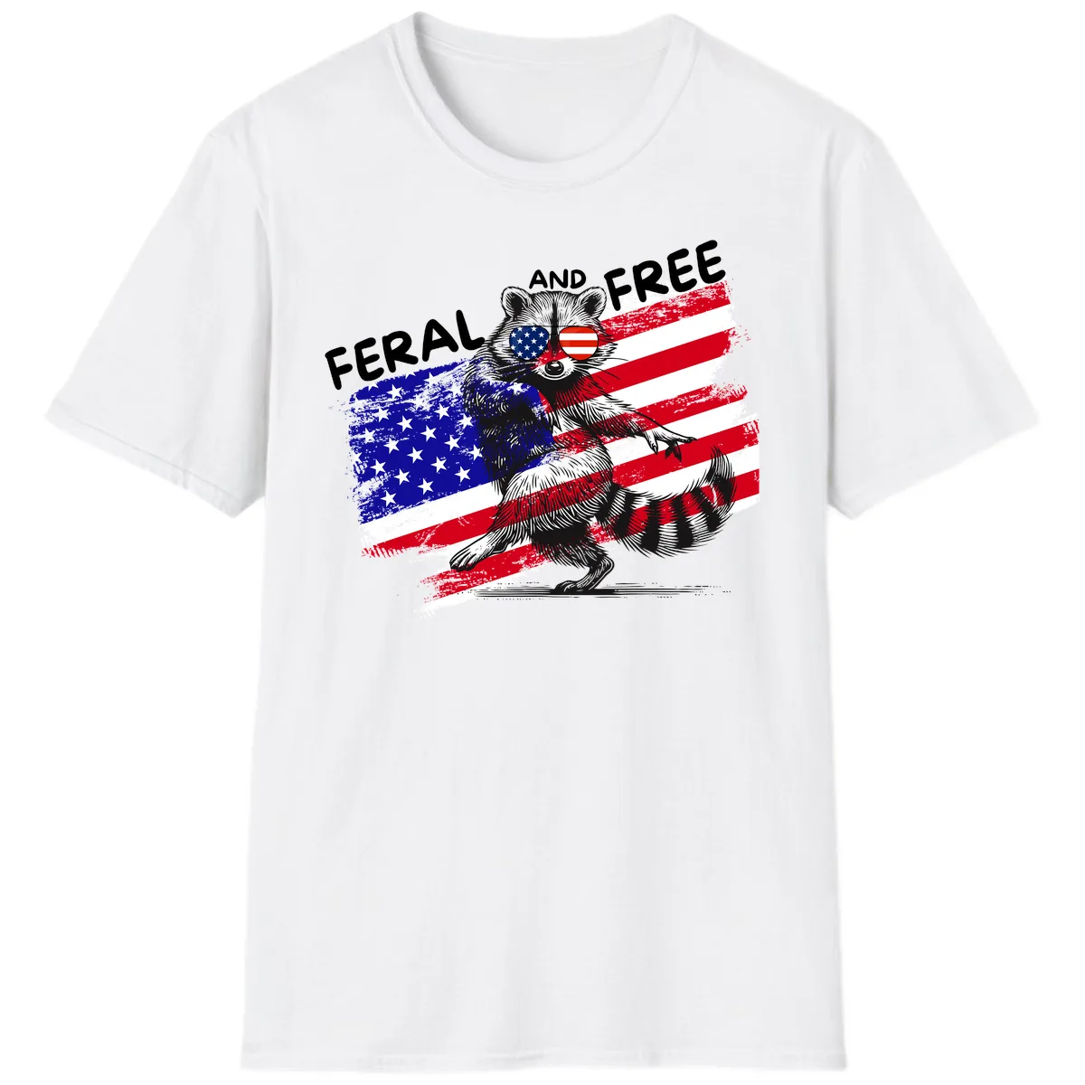 Feral And Free Raccoon American Flag T-Shirt in White