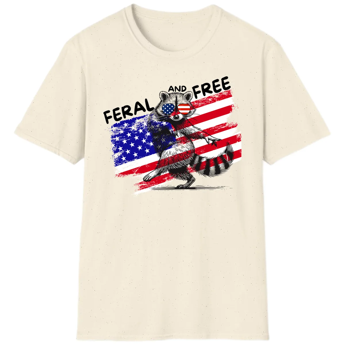 Feral And Free Raccoon American Flag T-Shirt in Natural