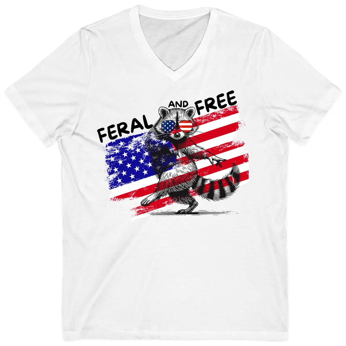 Feral And Free Raccoon American Flag V-Neck in White