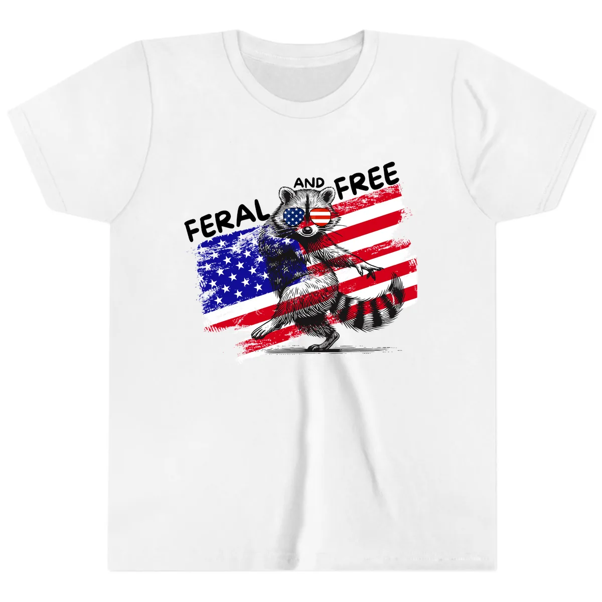 Feral And Free Raccoon American Flag Youth T-Shirt in White