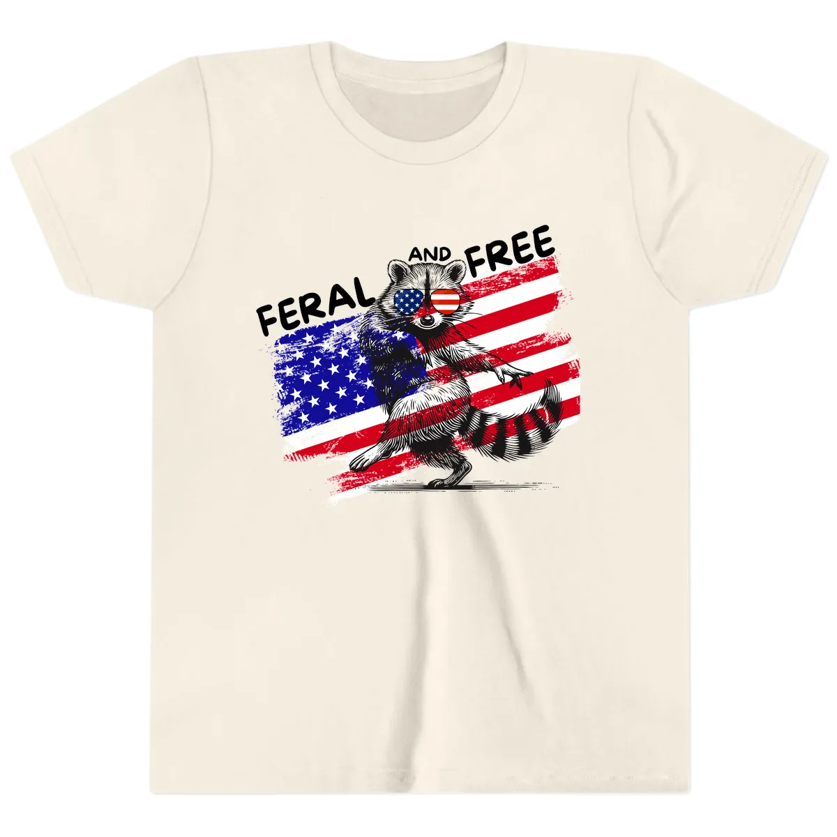 Feral And Free Raccoon American Flag Youth T-Shirt in Natural