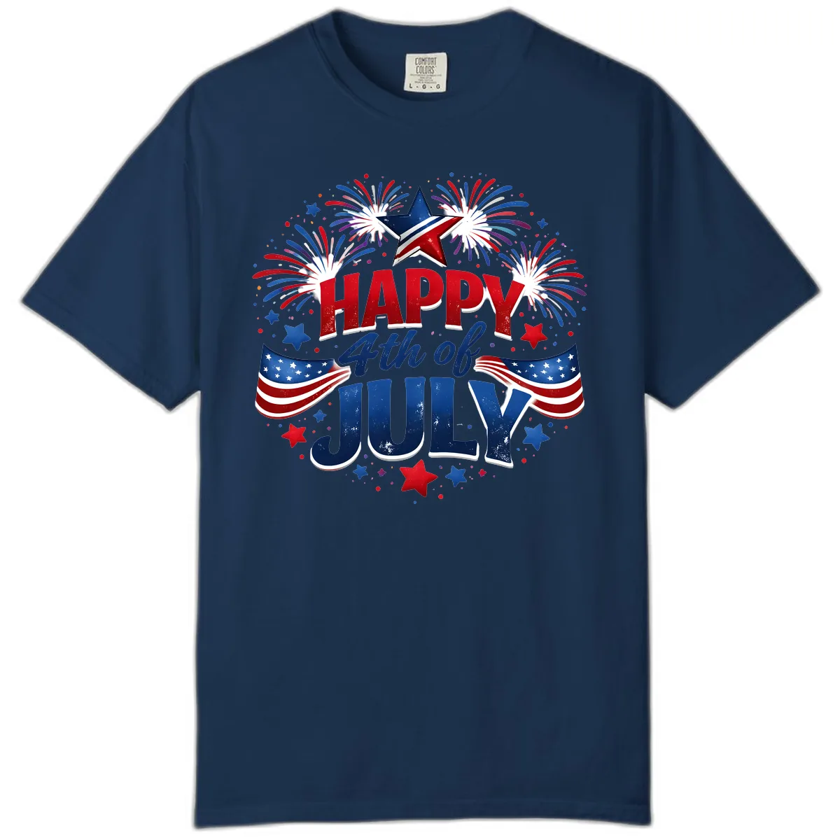 Happy Fourth of July Fireworks and Flags Comfort Color in Navy