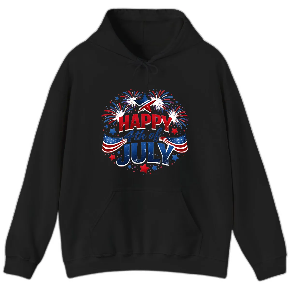 Happy Fourth of July Fireworks and Flags Hoodie in Black