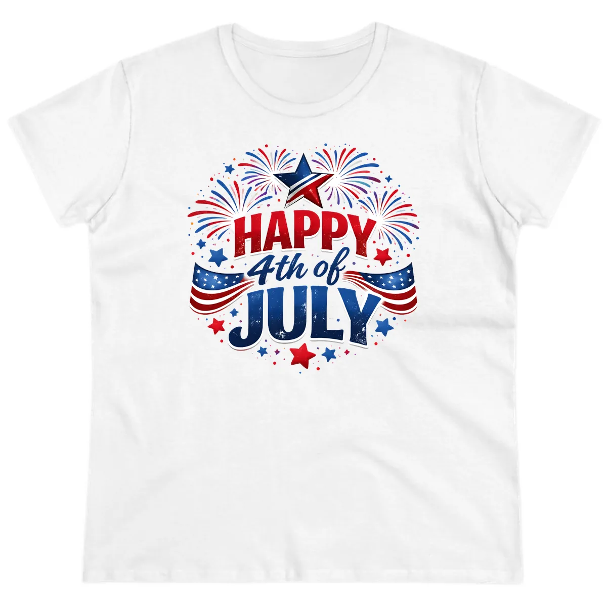 Happy Fourth of July Fireworks and Flags Ladies Tee in White