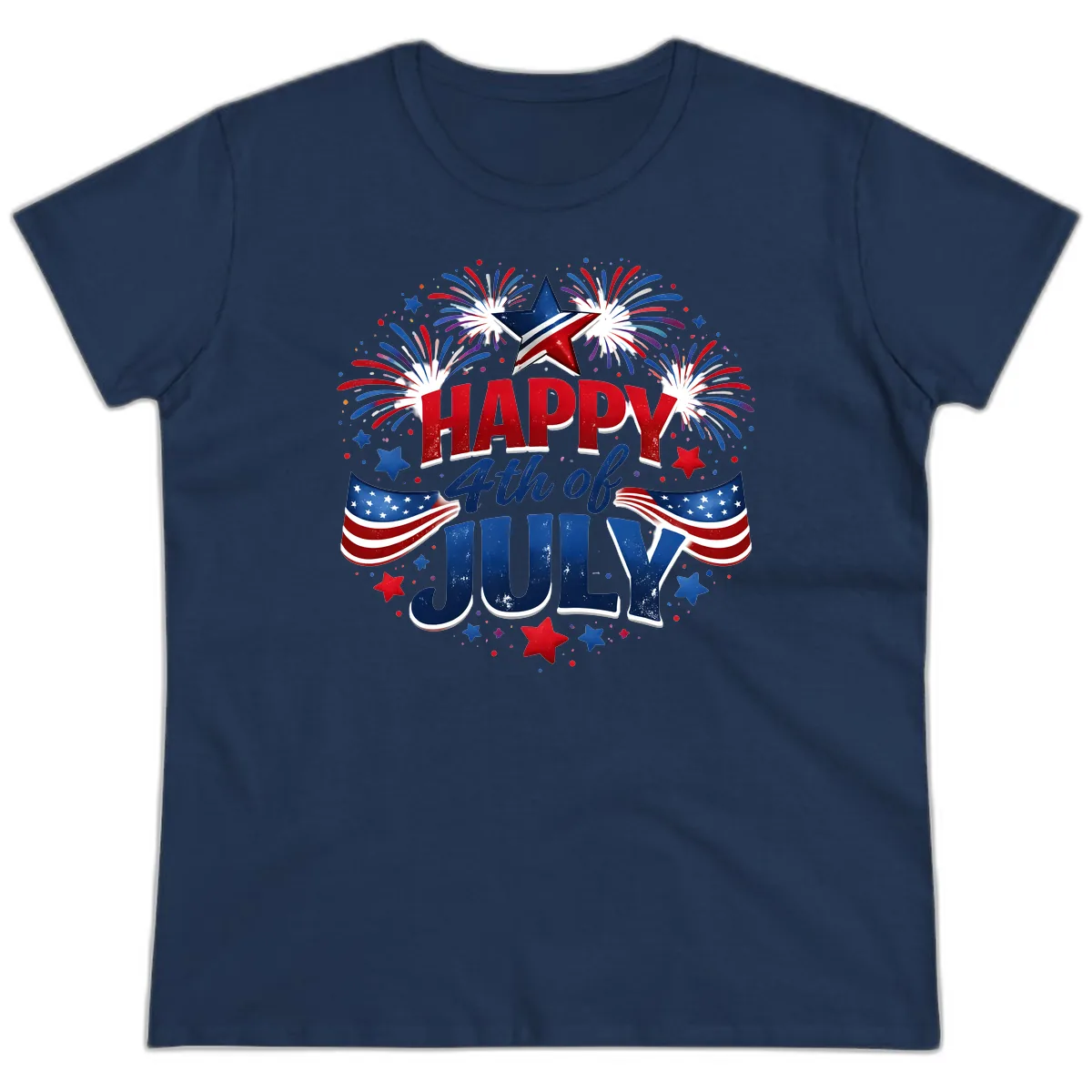 Happy Fourth of July Fireworks and Flags Ladies Tee in Navy
