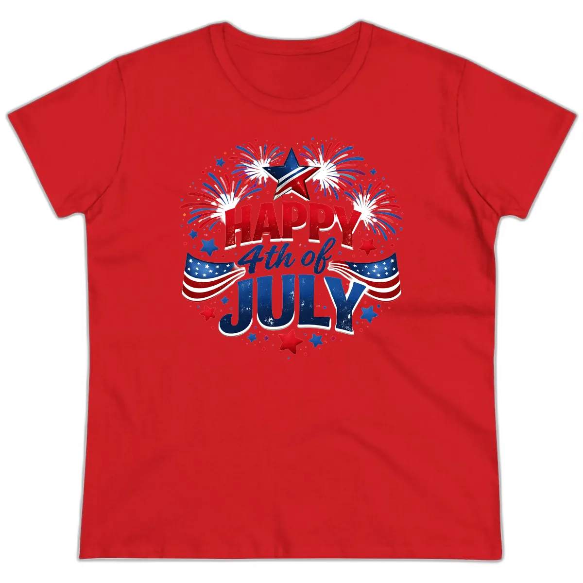 Happy Fourth of July Fireworks and Flags Ladies Tee in Red