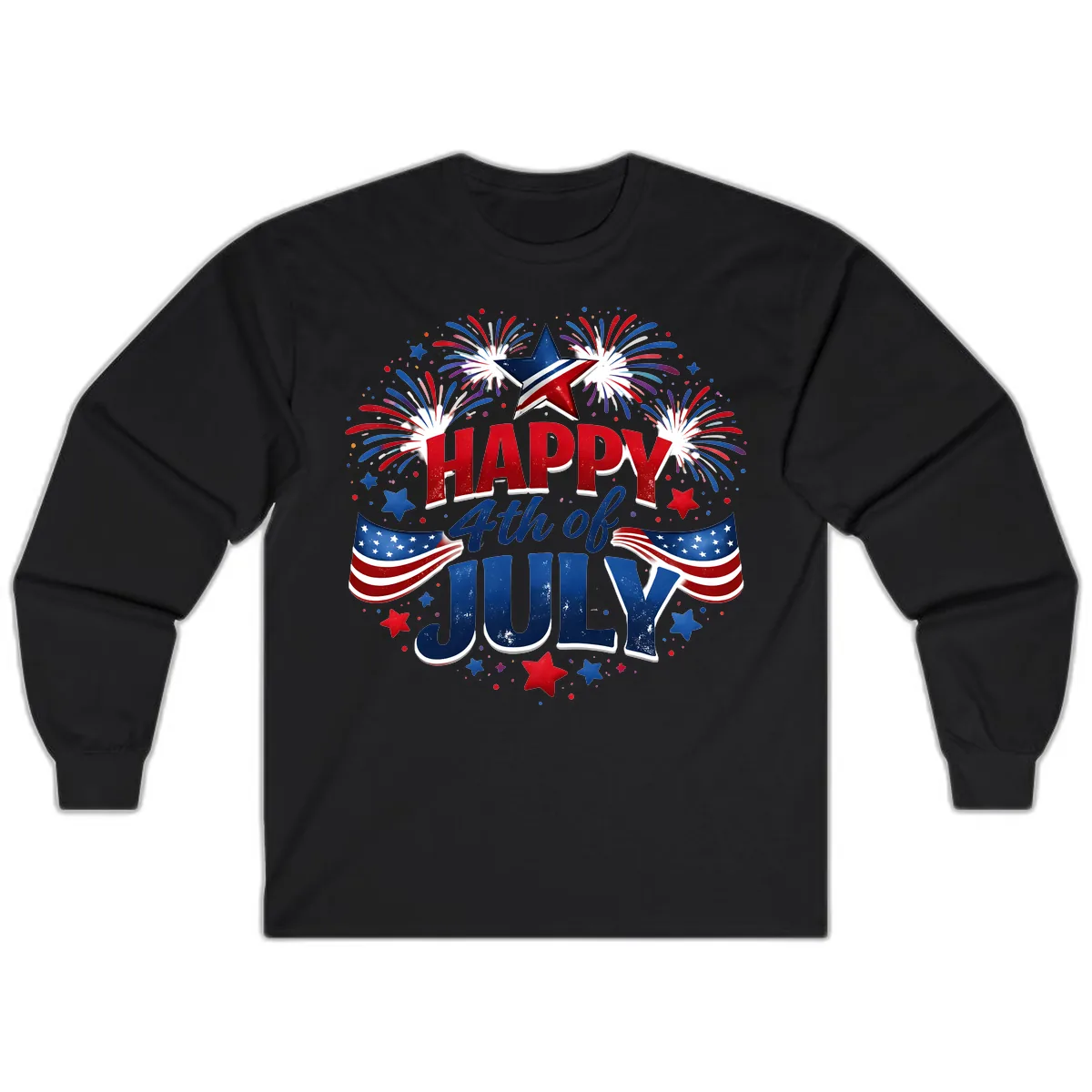 Happy Fourth of July Fireworks and Flags Long Sleeve in Black