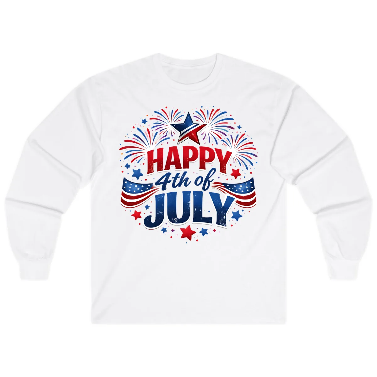 Happy Fourth of July Fireworks and Flags Long Sleeve in White