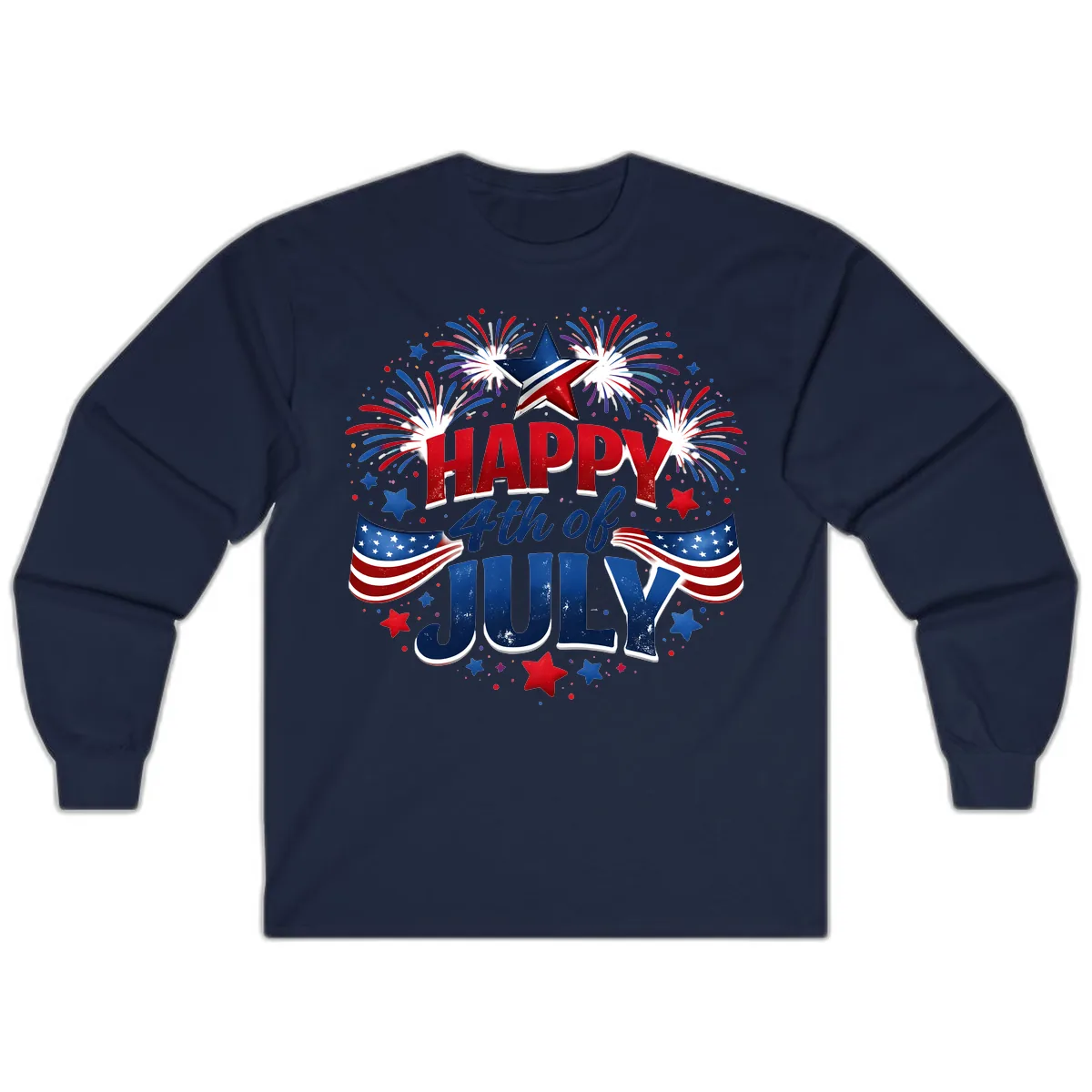 Happy Fourth of July Fireworks and Flags Long Sleeve in Navy