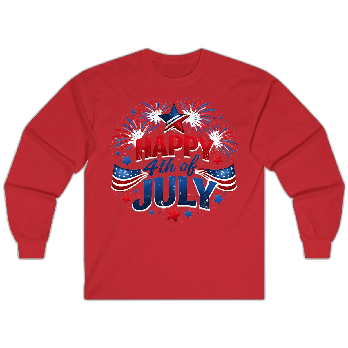 Happy Fourth of July Fireworks and Flags Long Sleeve in Red