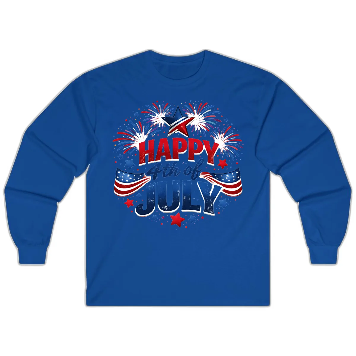 Happy Fourth of July Fireworks and Flags Long Sleeve in Royal