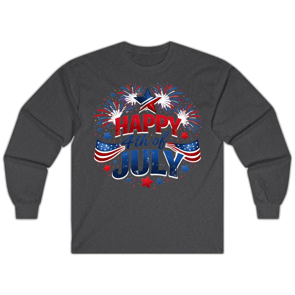 Happy Fourth of July Fireworks and Flags Long Sleeve in Dark Heather