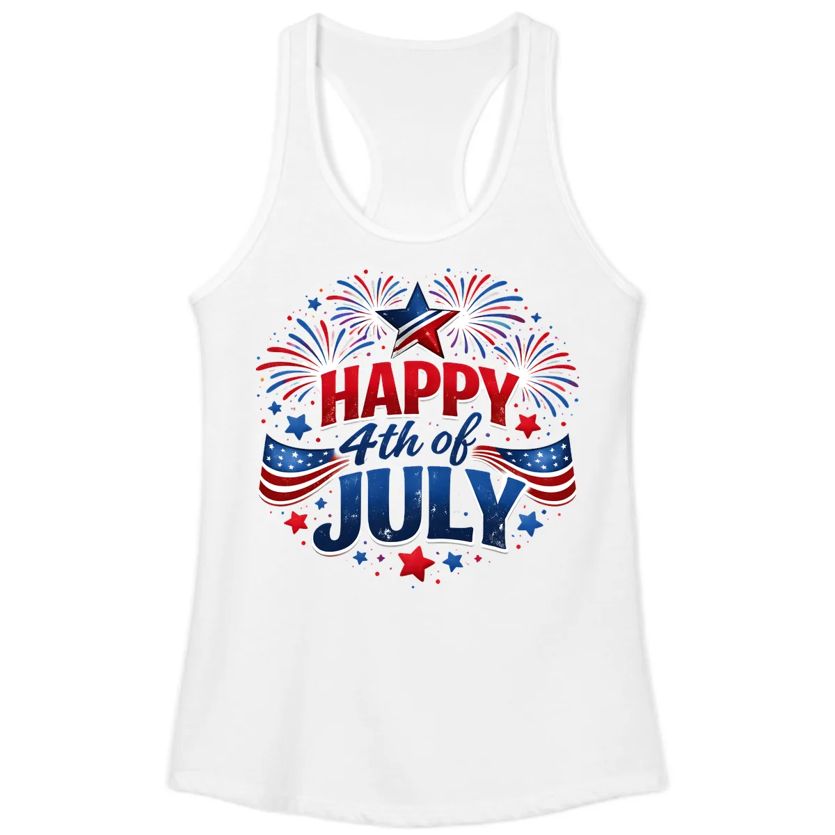 Happy Fourth of July Fireworks and Flags Ladies Tank in White