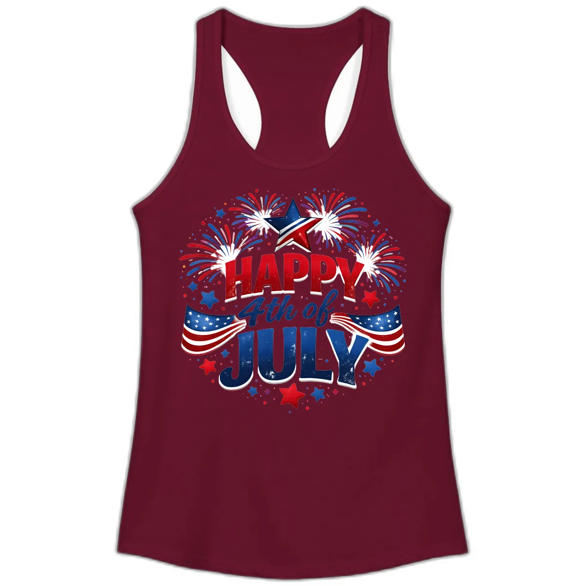 Happy Fourth of July Fireworks and Flags Ladies Tank in Solid Cardinal Red