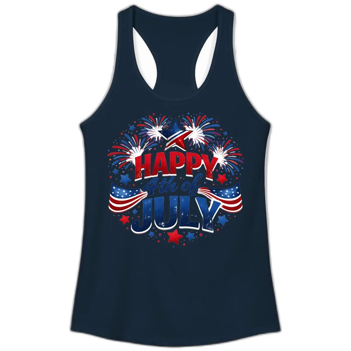 Happy Fourth of July Fireworks and Flags Ladies Tank in Solid Midnight Navy