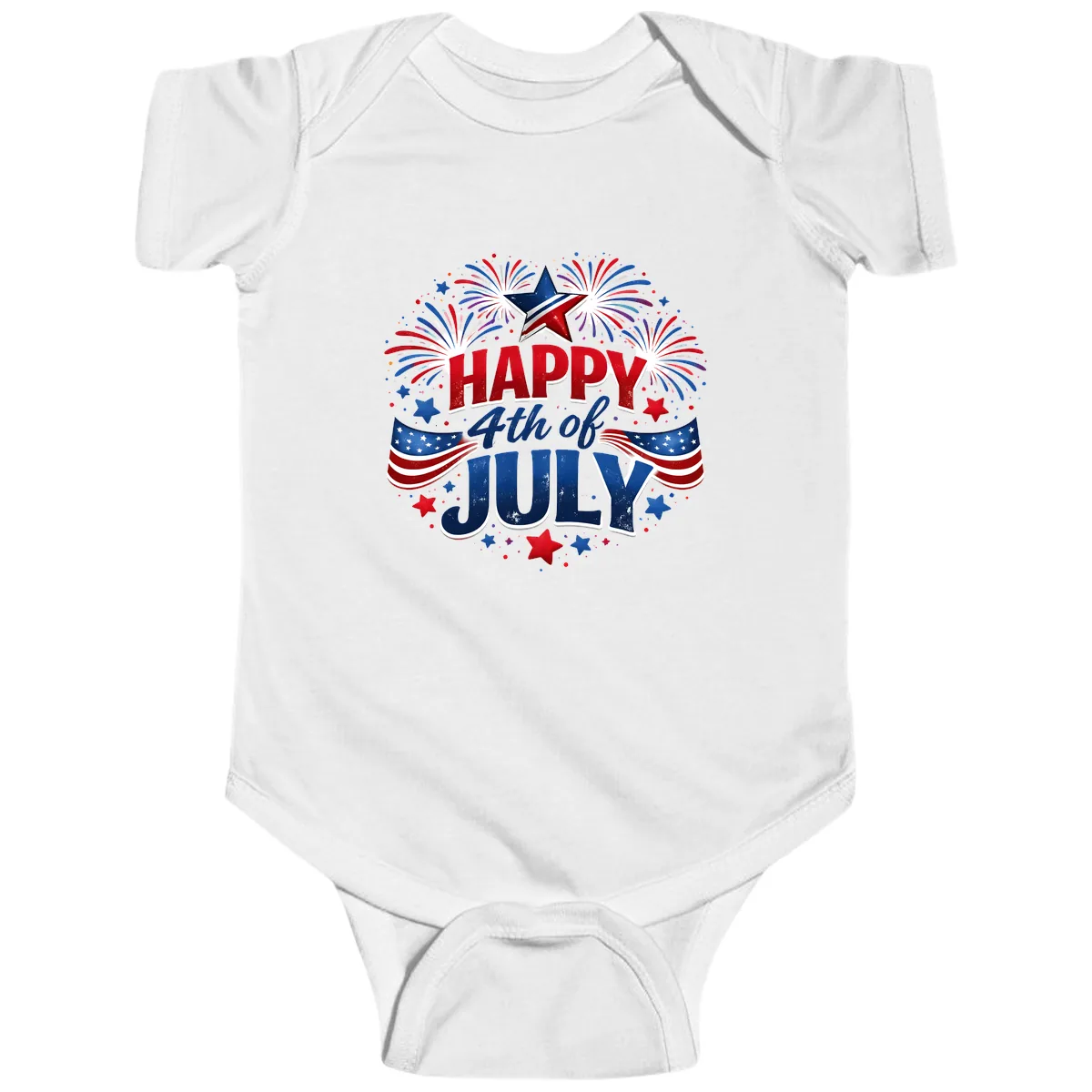 Happy Fourth of July Fireworks and Flags Baby Onesie in White