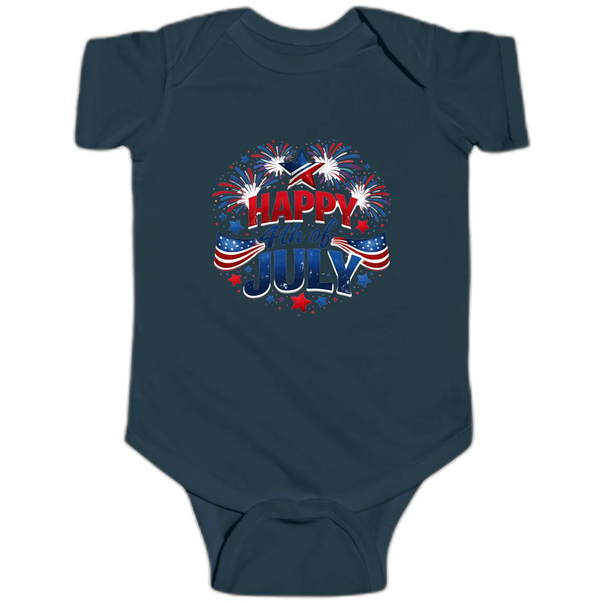 Happy Fourth of July Fireworks and Flags Baby Onesie in Navy