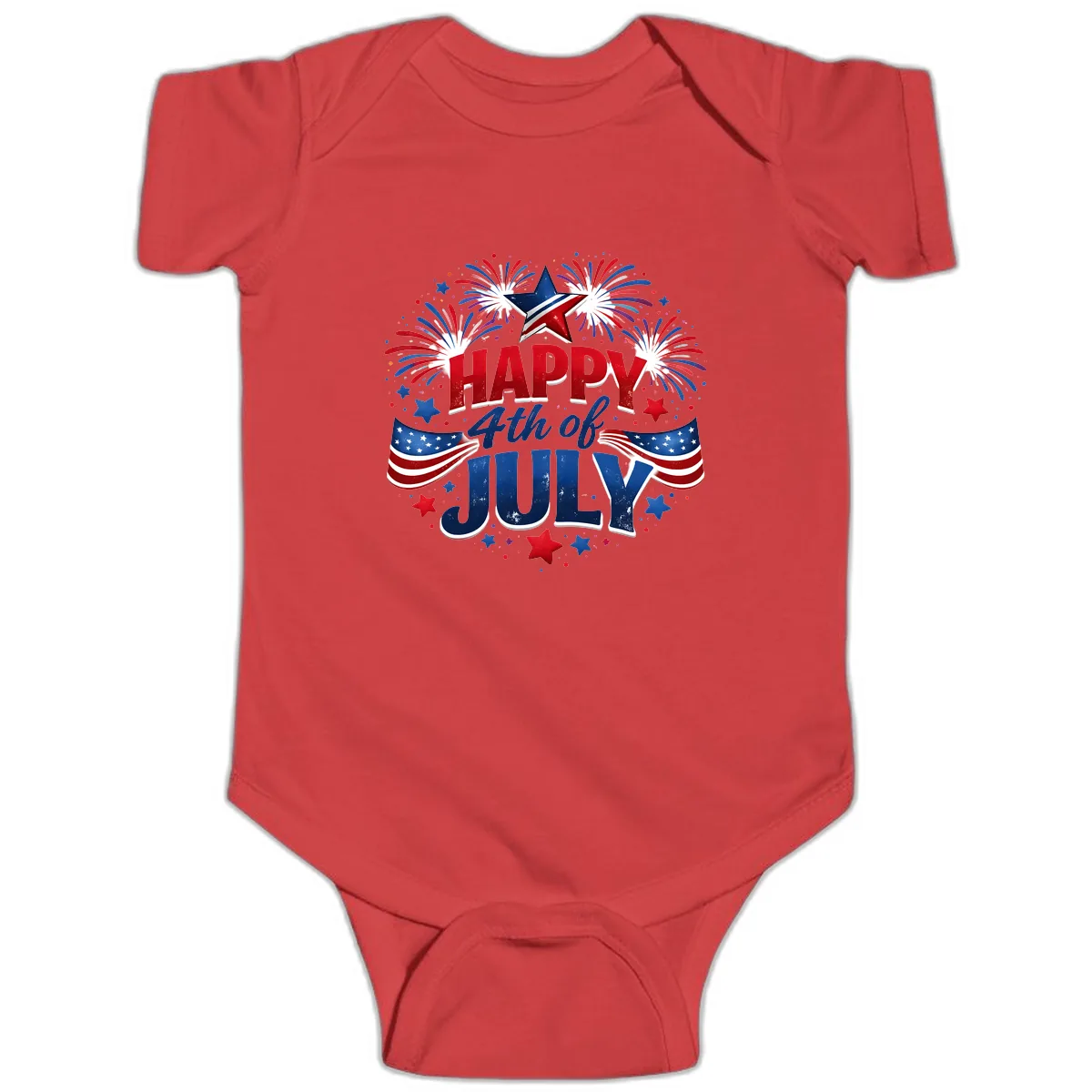 Happy Fourth of July Fireworks and Flags Baby Onesie in Red