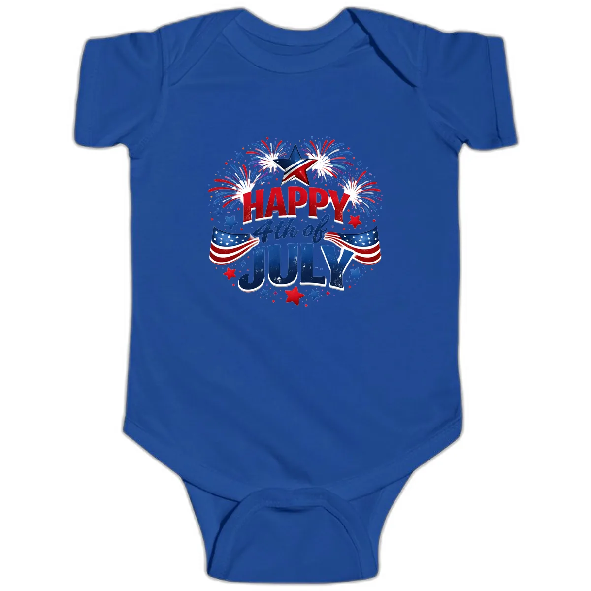 Happy Fourth of July Fireworks and Flags Baby Onesie in Royal