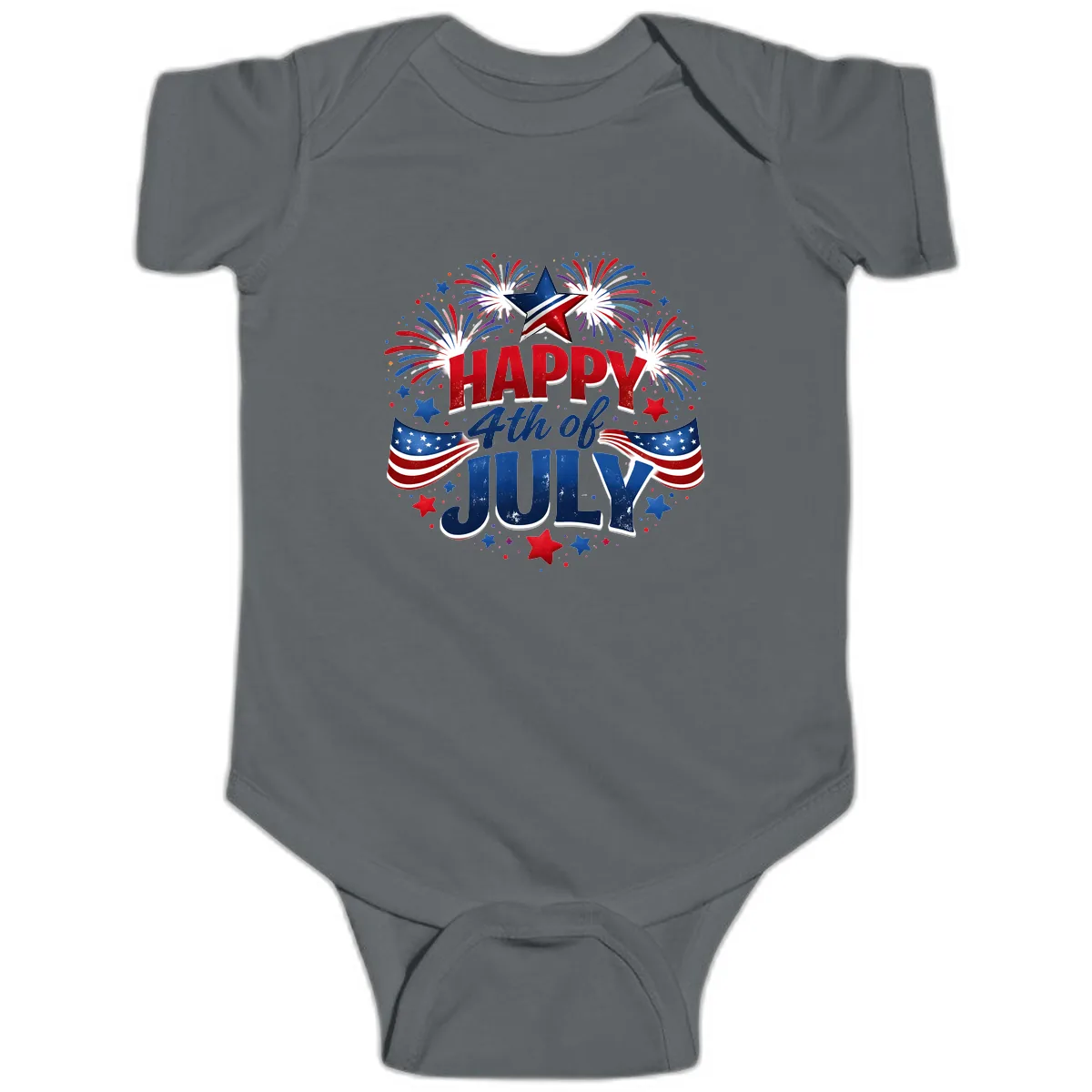Happy Fourth of July Fireworks and Flags Baby Onesie in Charcoal