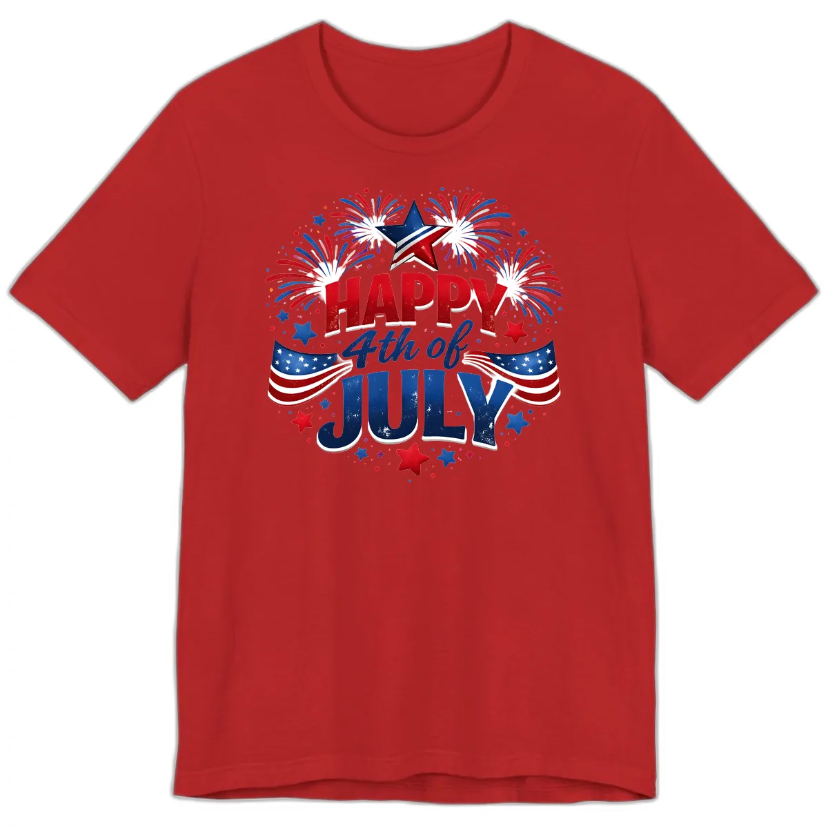Happy Fourth of July Fireworks and Flags Premium T-Shirt in Red