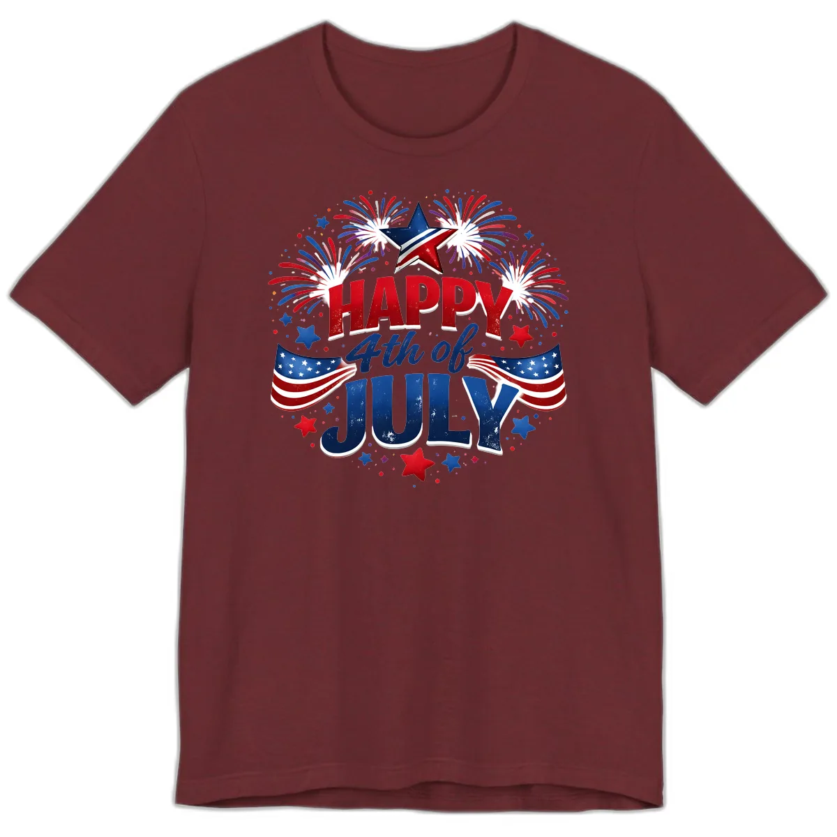Happy Fourth of July Fireworks and Flags Premium T-Shirt in Heather Cardinal