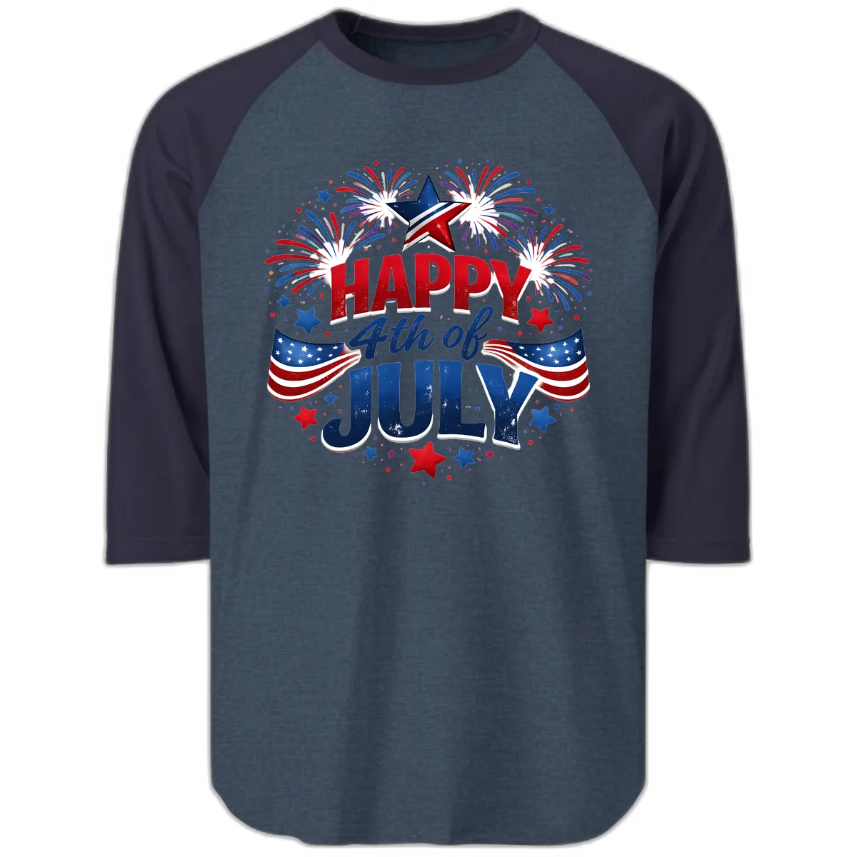 Happy Fourth of July Fireworks and Flags Raglan 3/4 in Heather Denim Navy