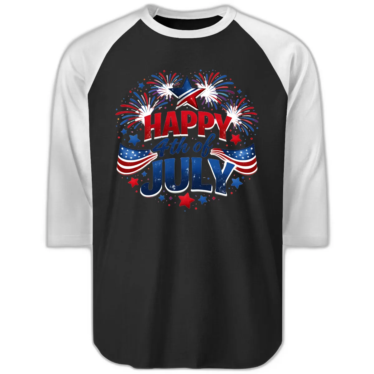 Happy Fourth of July Fireworks and Flags Raglan 3/4 in Black White