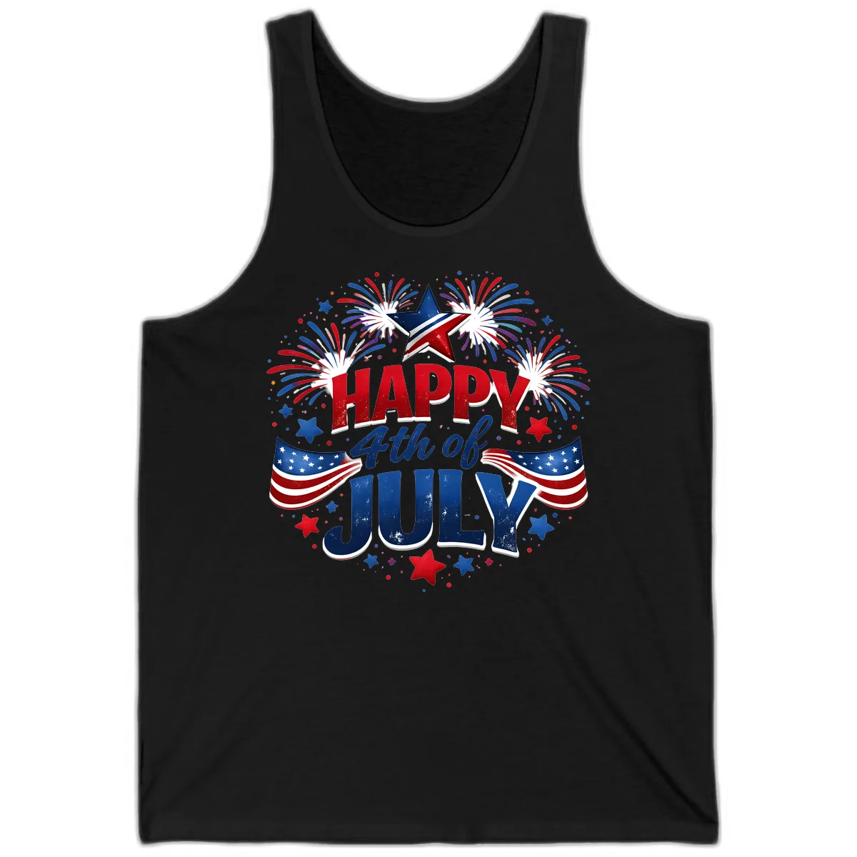 Happy Fourth of July Fireworks and Flags Tank in Black