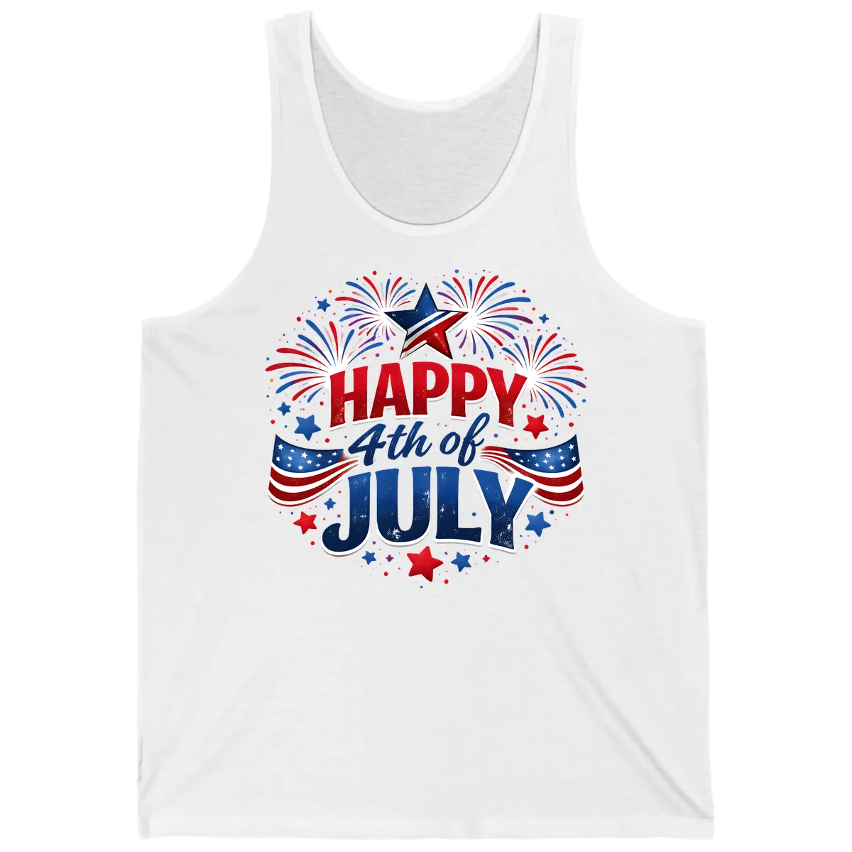 Happy Fourth of July Fireworks and Flags Tank in White