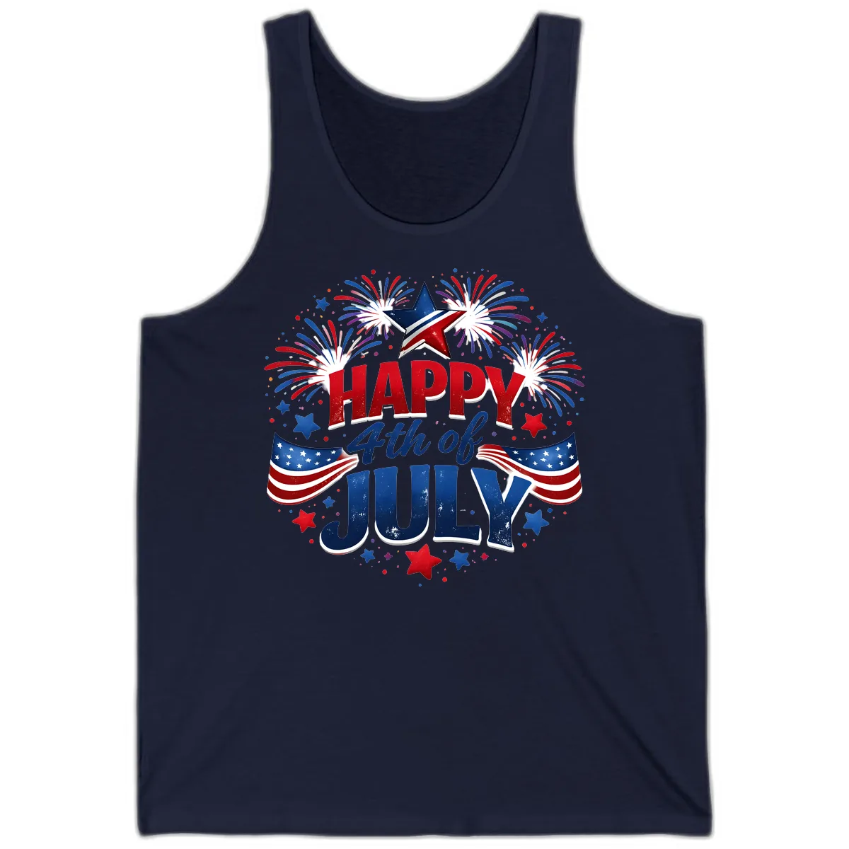 Happy Fourth of July Fireworks and Flags Tank in Navy