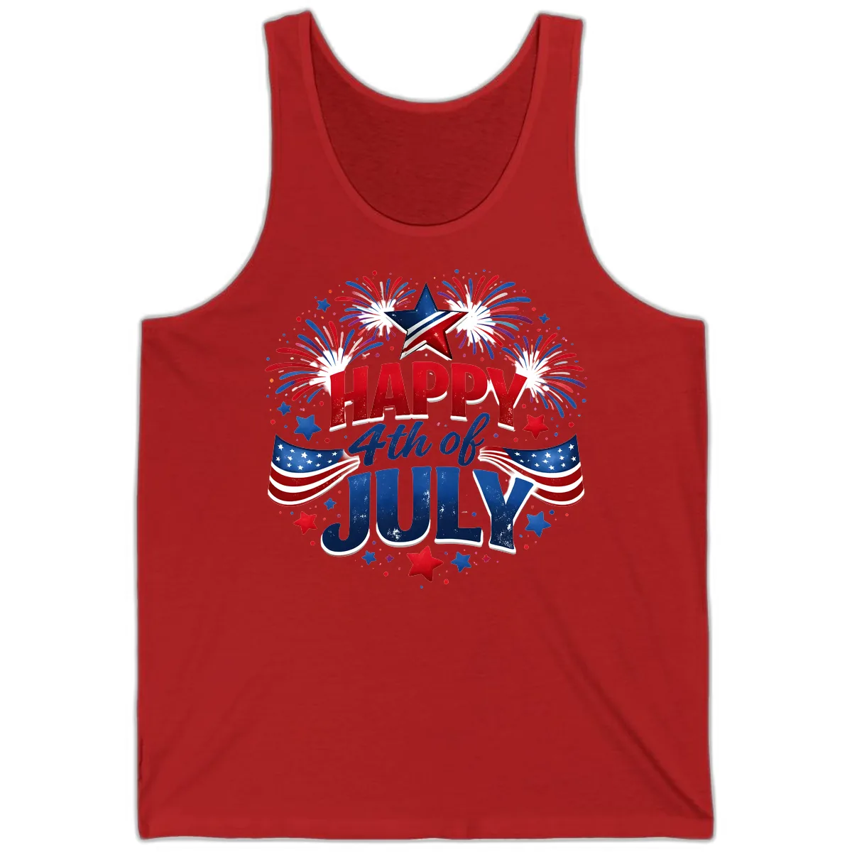Happy Fourth of July Fireworks and Flags Tank in Red
