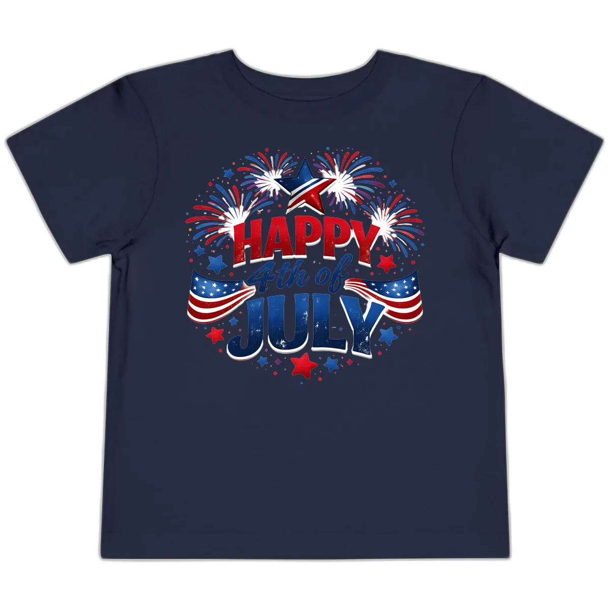Happy Fourth of July Fireworks and Flags Toddler T-Shirt in Navy