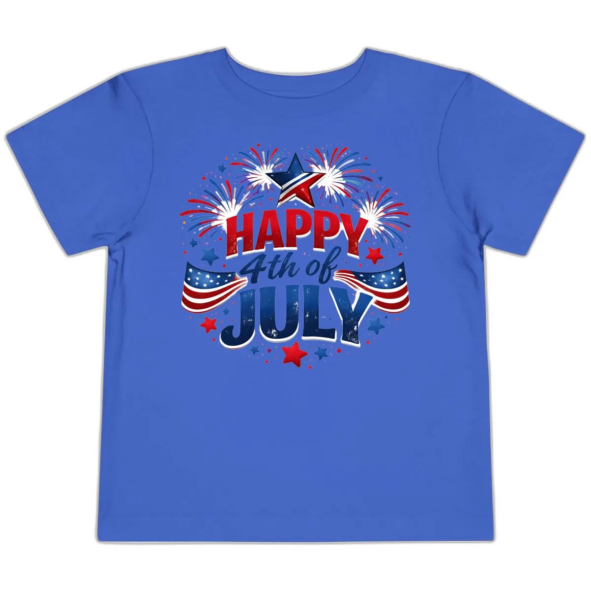 Happy Fourth of July Fireworks and Flags Toddler T-Shirt in True Royal