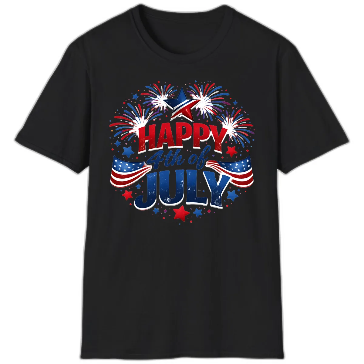 Happy Fourth of July Fireworks and Flags T-Shirt in Black