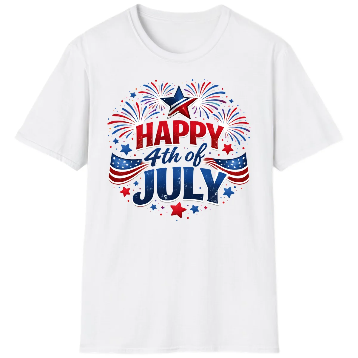 Happy Fourth of July Fireworks and Flags T-Shirt in White
